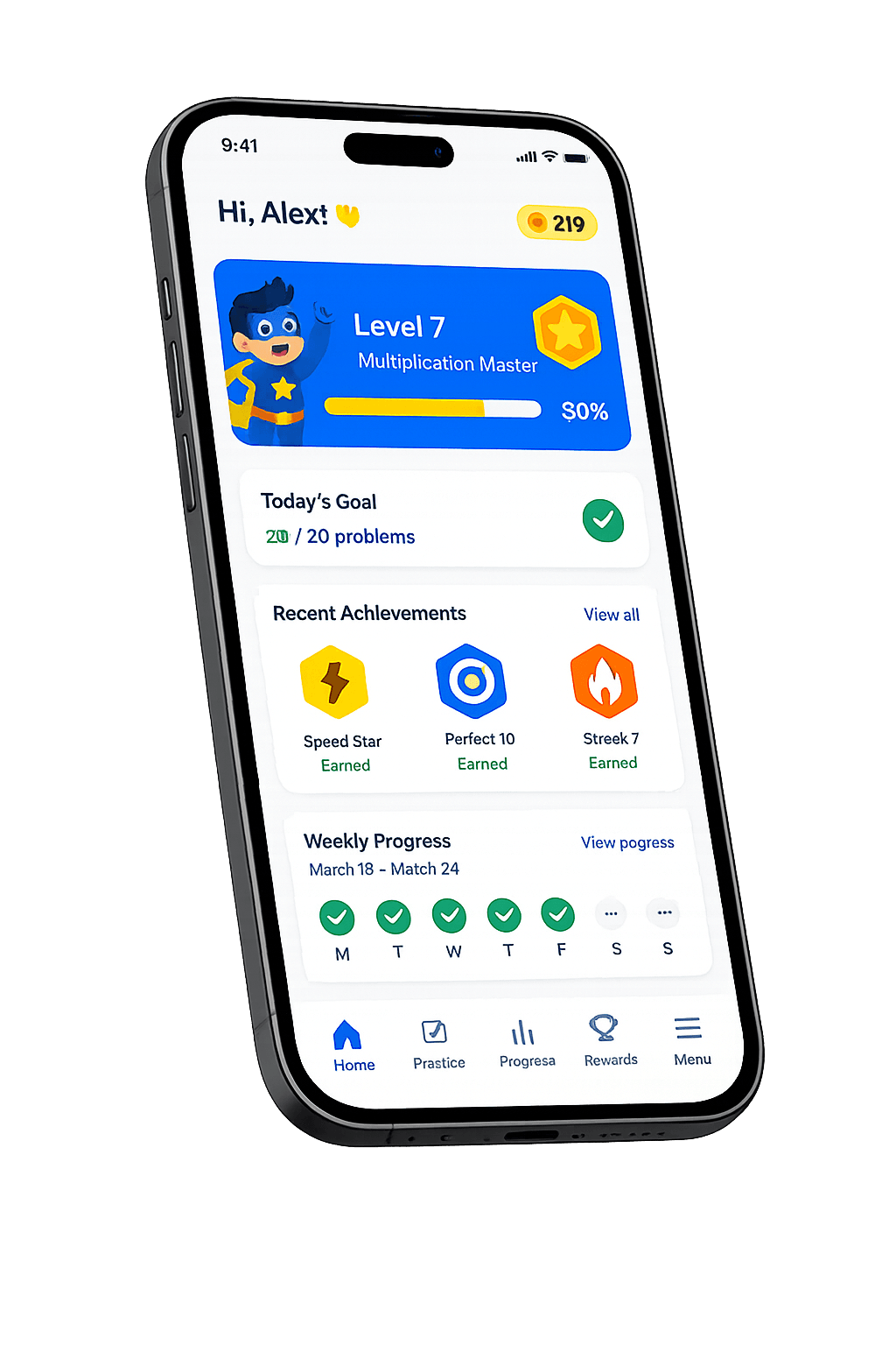 Math Hero app home screen on a smartphone, showing level progress, goals, achievements, and weekly practice